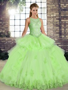 Suitable Yellow Green Ball Gowns Scoop Sleeveless Tulle Floor Length Lace Up Lace and Embroidery and Ruffles Quince Ball Gowns
