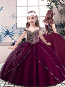 Simple Burgundy Ball Gowns Tulle Straps Sleeveless Beading Floor Length Lace Up Little Girls Pageant Dress