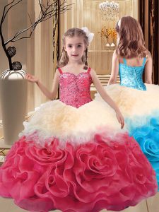 Hot Selling Multi-color Fabric With Rolling Flowers Lace Up Straps Sleeveless Floor Length Little Girl Pageant Gowns Beading