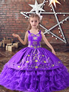 Floor Length Lace Up Pageant Dress Wholesale Lavender for Wedding Party with Embroidery and Ruffled Layers