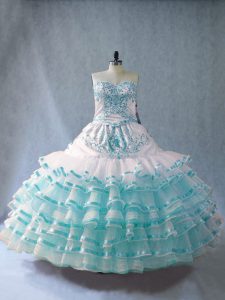 Blue And White Lace Up 15th Birthday Dress Embroidery and Ruffled Layers Sleeveless Floor Length