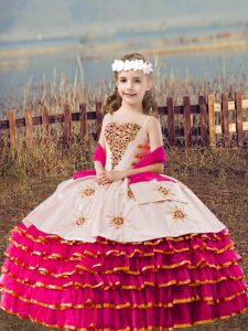 Straps Sleeveless Little Girls Pageant Dress Floor Length Beading and Embroidery and Ruffled Layers Fuchsia Organza