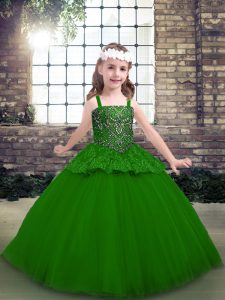 Fashion Straps Sleeveless Pageant Gowns For Girls Floor Length Beading Green Tulle