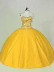 Best Selling Scoop Sleeveless Lace Up Quince Ball Gowns Gold Tulle
