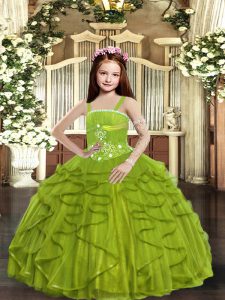 New Style Olive Green Straps Neckline Beading and Ruffles Little Girl Pageant Dress Sleeveless Lace Up