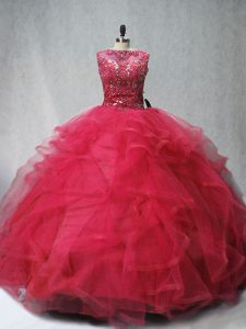Great Coral Red Quinceanera Dresses Tulle Brush Train Sleeveless Beading and Ruffles