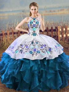 Dazzling Floor Length Lace Up Ball Gown Prom Dress Blue And White for Sweet 16 and Quinceanera with Embroidery