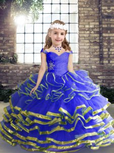 Luxurious Blue Lace Up Sweetheart Beading and Ruching Kids Pageant Dress Tulle Sleeveless