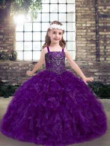 Discount Eggplant Purple Ball Gowns Organza Straps Sleeveless Beading and Ruffles Floor Length Lace Up Little Girls Pageant Gowns