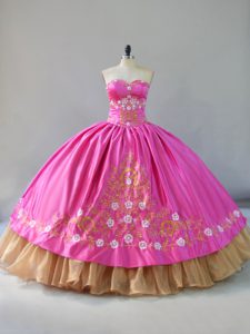 Exquisite Rose Pink Ball Gowns Embroidery Quince Ball Gowns Lace Up Satin Sleeveless Floor Length
