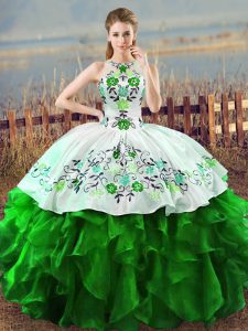 Glittering Organza Lace Up Quinceanera Dresses Sleeveless Floor Length Embroidery and Ruffles