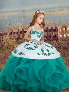 Straps Sleeveless Kids Pageant Dress Embroidery and Ruffles Lace Up