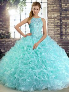 Fabric With Rolling Flowers Scoop Sleeveless Lace Up Beading Sweet 16 Dress in Aqua Blue