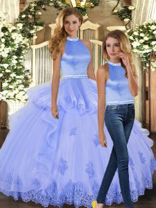 Smart Halter Top Sleeveless 15th Birthday Dress Floor Length Beading and Appliques Lavender Tulle