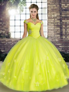 Clearance Yellow Green Sleeveless Tulle Lace Up Quinceanera Dress for Military Ball and Sweet 16 and Quinceanera