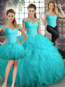 Floor Length Three Pieces Sleeveless Aqua Blue Quinceanera Gowns Lace Up