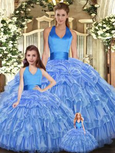 Sophisticated Ball Gowns Quince Ball Gowns Baby Blue Halter Top Organza Sleeveless Floor Length Lace Up