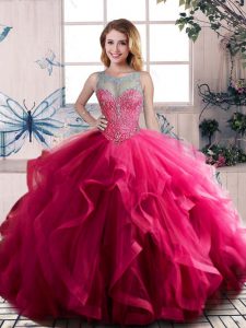 Scoop Sleeveless Tulle Quinceanera Gowns Beading and Ruffles Lace Up