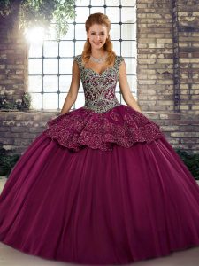 Fuchsia Ball Gowns Tulle Straps Sleeveless Beading and Appliques Floor Length Lace Up Quinceanera Dresses