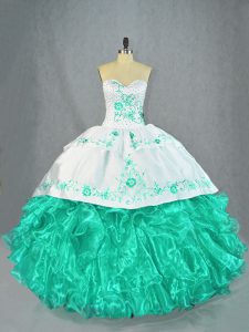 New Arrival Turquoise Ball Gowns Sweetheart Sleeveless Organza Floor Length Lace Up Embroidery and Ruffles Ball Gown Prom Dress