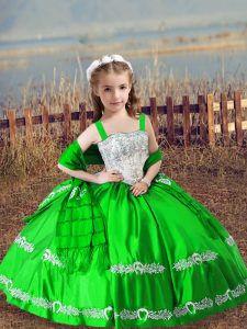 High Quality Floor Length Green Pageant Dresses Satin Sleeveless Beading and Embroidery