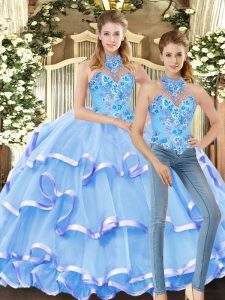 Blue Quinceanera Dress Military Ball and Sweet 16 and Quinceanera with Embroidery and Ruffled Layers Halter Top Sleeveless Lace Up
