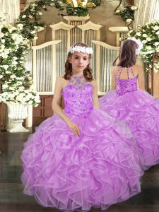 Enchanting Sleeveless Floor Length Beading and Ruffles Lace Up Pageant Gowns For Girls with Lilac