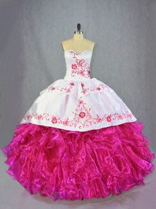 Sweetheart Sleeveless Brush Train Lace Up 15th Birthday Dress Hot Pink Organza