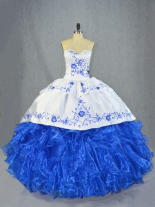 Gorgeous Sleeveless Organza Brush Train Lace Up Vestidos de Quinceanera in Blue And White with Beading and Embroidery and Ruffles