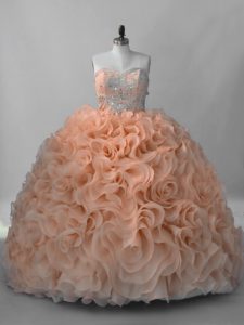 Brush Train Ball Gowns Quinceanera Dresses Peach Sweetheart Fabric With Rolling Flowers Sleeveless Lace Up