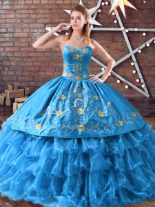 Lovely Blue Sleeveless Embroidery and Ruffled Layers Floor Length Quinceanera Dresses