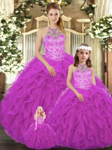 Fantastic Fuchsia Ball Gown Prom Dress Military Ball and Sweet 16 and Quinceanera with Beading and Ruffles Halter Top Sleeveless Lace Up