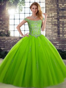 Flare Ball Gowns Tulle Off The Shoulder Sleeveless Beading Floor Length Lace Up Quinceanera Gowns