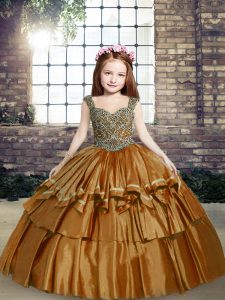 Taffeta Straps Sleeveless Lace Up Beading Little Girls Pageant Gowns in Brown