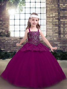 Stunning Fuchsia Ball Gowns Straps Sleeveless Tulle Floor Length Lace Up Beading Pageant Dress for Teens