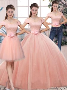 Captivating Pink Three Pieces Off The Shoulder Short Sleeves Tulle Floor Length Lace Up Lace and Hand Made Flower Ball Gown Prom Dress