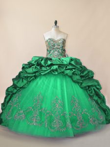 Top Selling Green Lace Up Sweetheart Beading and Pick Ups 15 Quinceanera Dress Tulle Sleeveless Brush Train