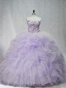 Tulle Sweetheart Sleeveless Brush Train Lace Up Ruffles Vestidos de Quinceanera in Lavender