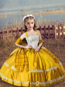 Gold Lace Up Straps Beading and Embroidery Little Girls Pageant Dress Wholesale Satin Sleeveless