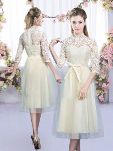 Free and Easy Empire Dama Dress for Quinceanera Champagne High-neck Tulle Half Sleeves Tea Length Zipper