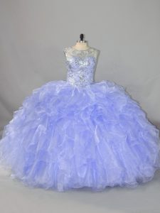 Fitting Sleeveless Floor Length Beading and Ruffles Lace Up Quinceanera Gown with Lavender