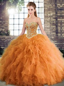 Glittering Sweetheart Sleeveless Quinceanera Gowns Floor Length Beading and Ruffles Orange Tulle