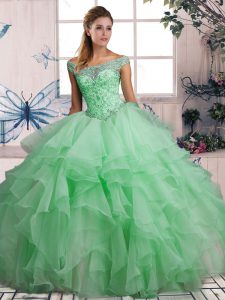 Perfect Sleeveless Organza Floor Length Lace Up Quinceanera Dress in Apple Green with Beading and Ruffles