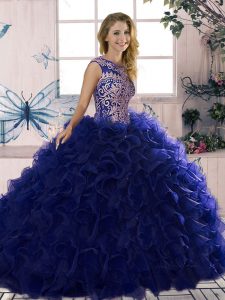 Floor Length Lace Up Quince Ball Gowns Purple for Military Ball and Sweet 16 and Quinceanera with Beading and Ruffles