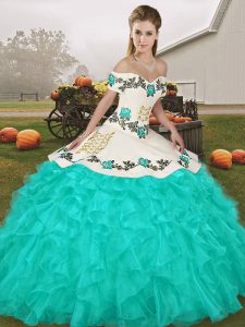Clearance Floor Length Lace Up Quinceanera Dresses Turquoise for Military Ball and Sweet 16 and Quinceanera with Embroidery and Ruffles