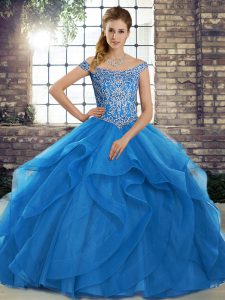 Colorful Blue Lace Up Ball Gown Prom Dress Beading and Ruffles Sleeveless Brush Train