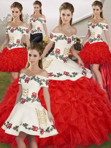High Class Embroidery and Ruffles Quinceanera Gowns White And Red Lace Up Sleeveless Floor Length