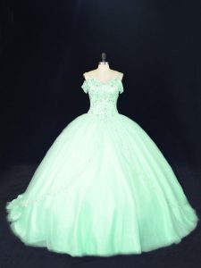Flirting Lace Up Sweet 16 Dress Apple Green for Sweet 16 and Quinceanera with Beading Court Train