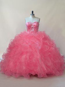 Elegant Sweetheart Sleeveless Quince Ball Gowns Floor Length Beading and Ruffles Coral Red Organza