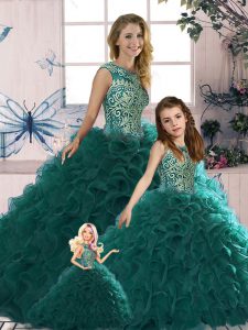 Peacock Green Scoop Lace Up Beading and Ruffles Quince Ball Gowns Sleeveless